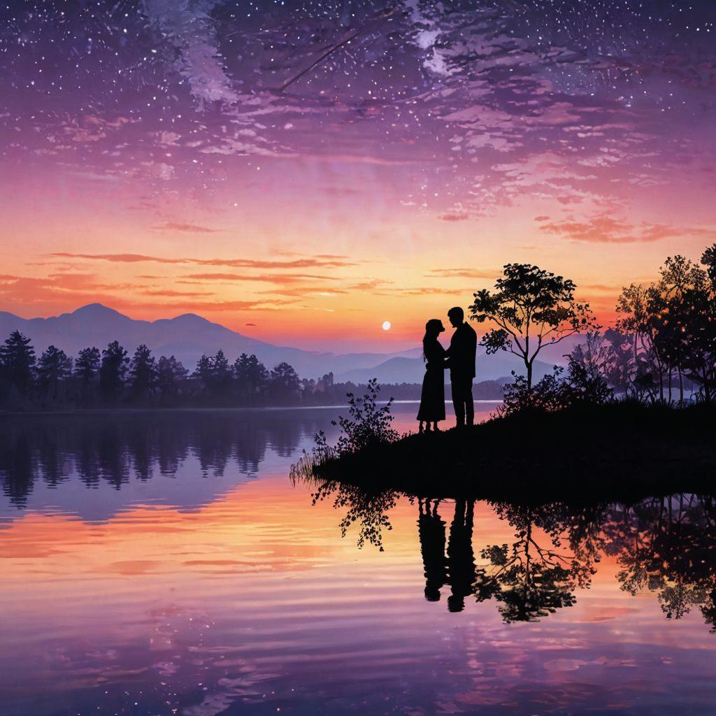 A serene, twilight scene depicting two silhouettes gently embracing by a calm lake under a starry sky, with soft ripples reflecting their love. The foreground features blooming flowers symbolizing affection, while warm hues blend into cool shades in the background, creating a tranquil atmosphere. ethereal. romantic. vibrant colors. 3D.