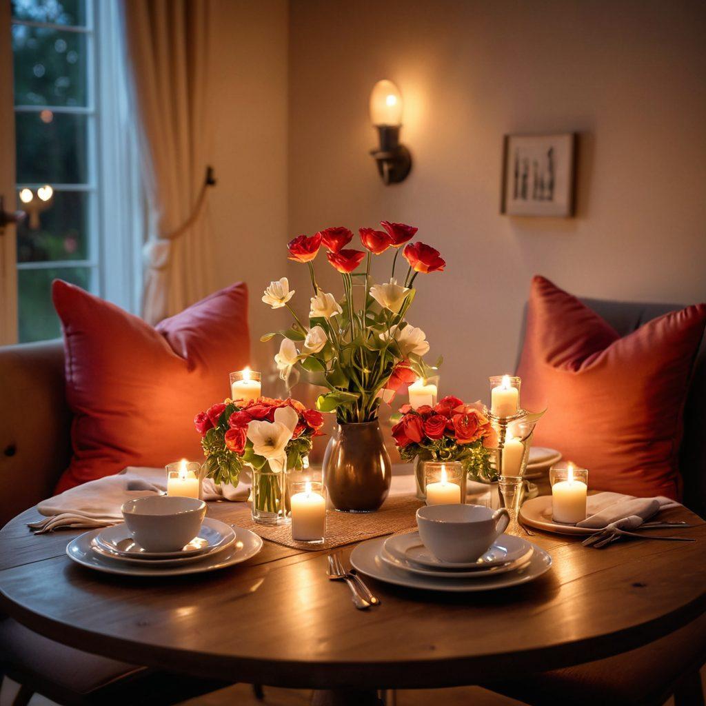 A warm, inviting scene of a cozy candlelit dinner setting for two, with soft cushions in the background, and delicate flower arrangements on the table. The couple, seen from the side, sharing a heartfelt laugh, surrounded by intimate decorations that symbolize love, like heart-shaped accents. Soft glowing lights create a magical ambiance, emphasizing connection and warmth. super-realistic. vibrant colors. romantic atmosphere.