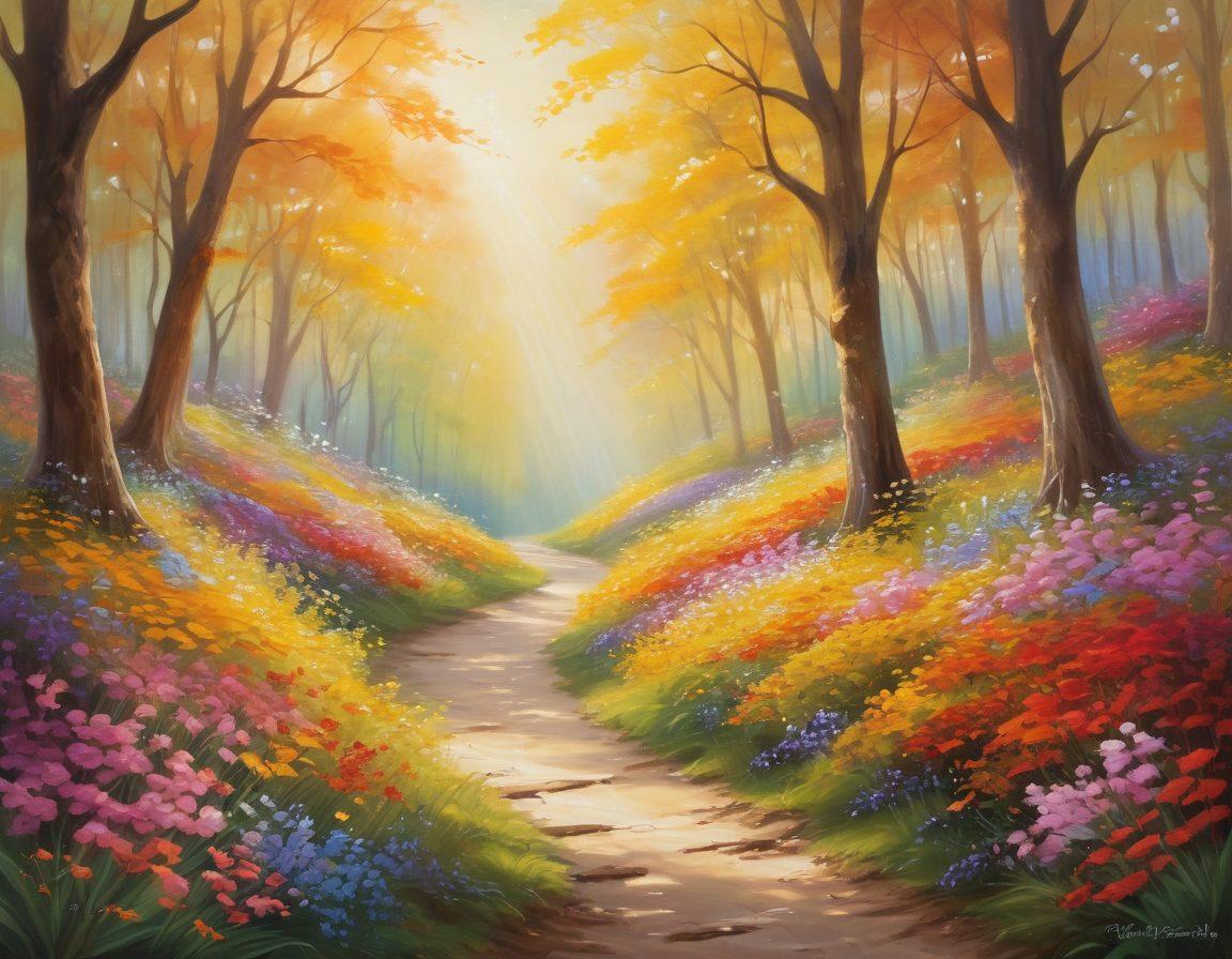 A whimsical scene depicting a winding path through a lush forest, symbolizing a journey of love. Along the path, couples of diverse backgrounds are engaged in tender moments, surrounded by heart-shaped trees and blossoming flowers. Soft, golden light filters through the leaves, creating a warm and inviting atmosphere. An ethereal mist adds a touch of magic to the scene, inviting the viewer to explore the emotions of devotion and unity. vibrant colors. painting.